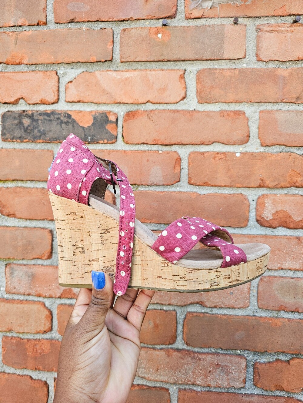 TOMS Women’s Size 8M Red Polka Dot Cork Wedge Sandals